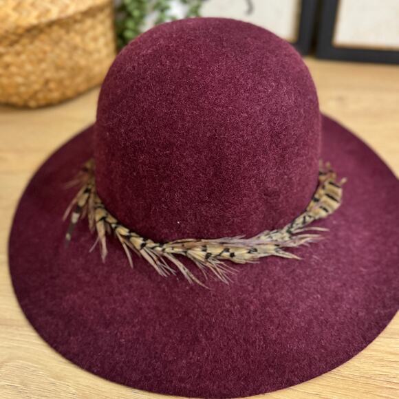 HINGE Nordstrom Feather Trimmed Floppy Wool Hat One Size Burgundy Tan Adjustable - Picture 3 of 8